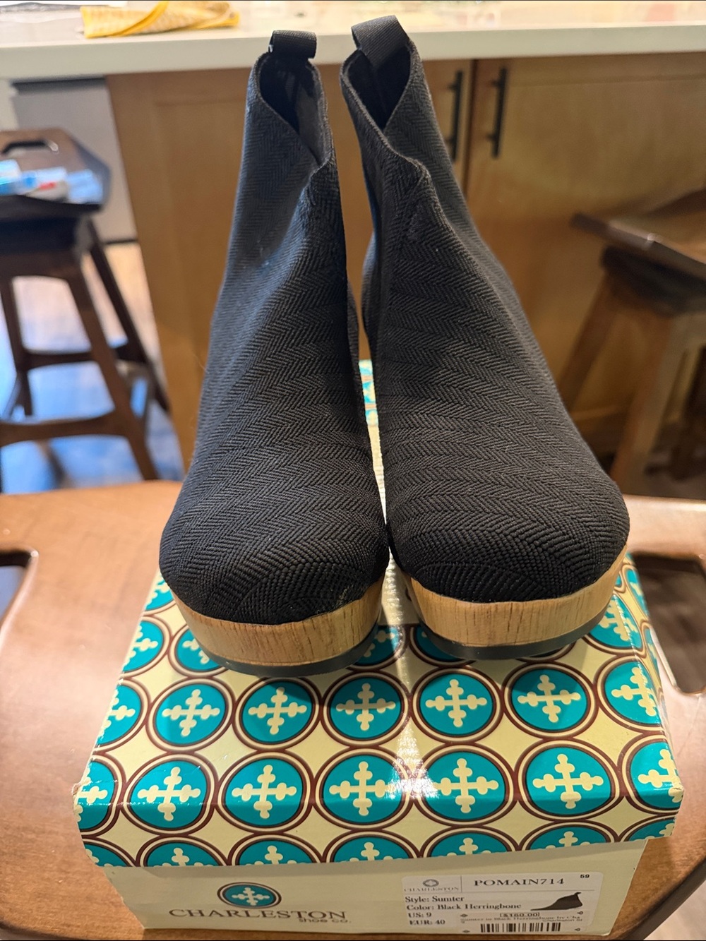 CHARLESTON SHOE CO. Black Knit Ankle Booties with Wood-Look Platform